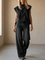 Women's Stand-collar Sleeveless Casual Loose Top And High-waisted Loose Wide-leg Denim Pants Set