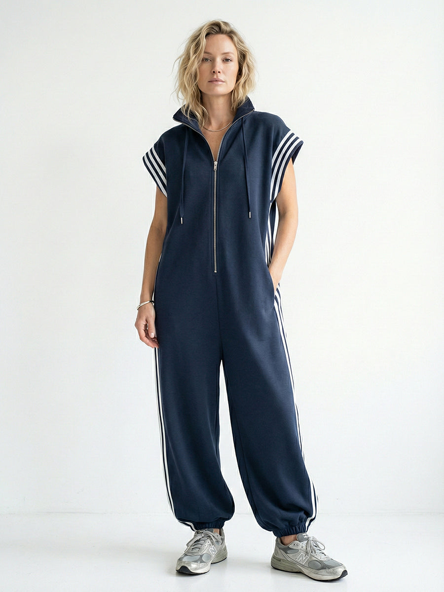 Women's Stand Collar Short Sleeve Cotton Wide-Leg Jumpsuit – Casual Loose Fit