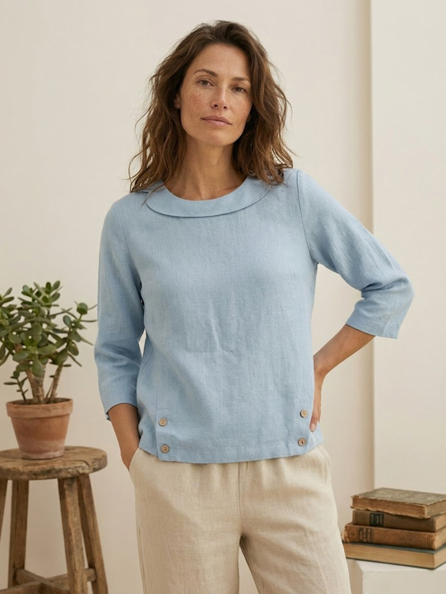 Women's Linen Gingham Checked Round Soft-Fold Collar Top