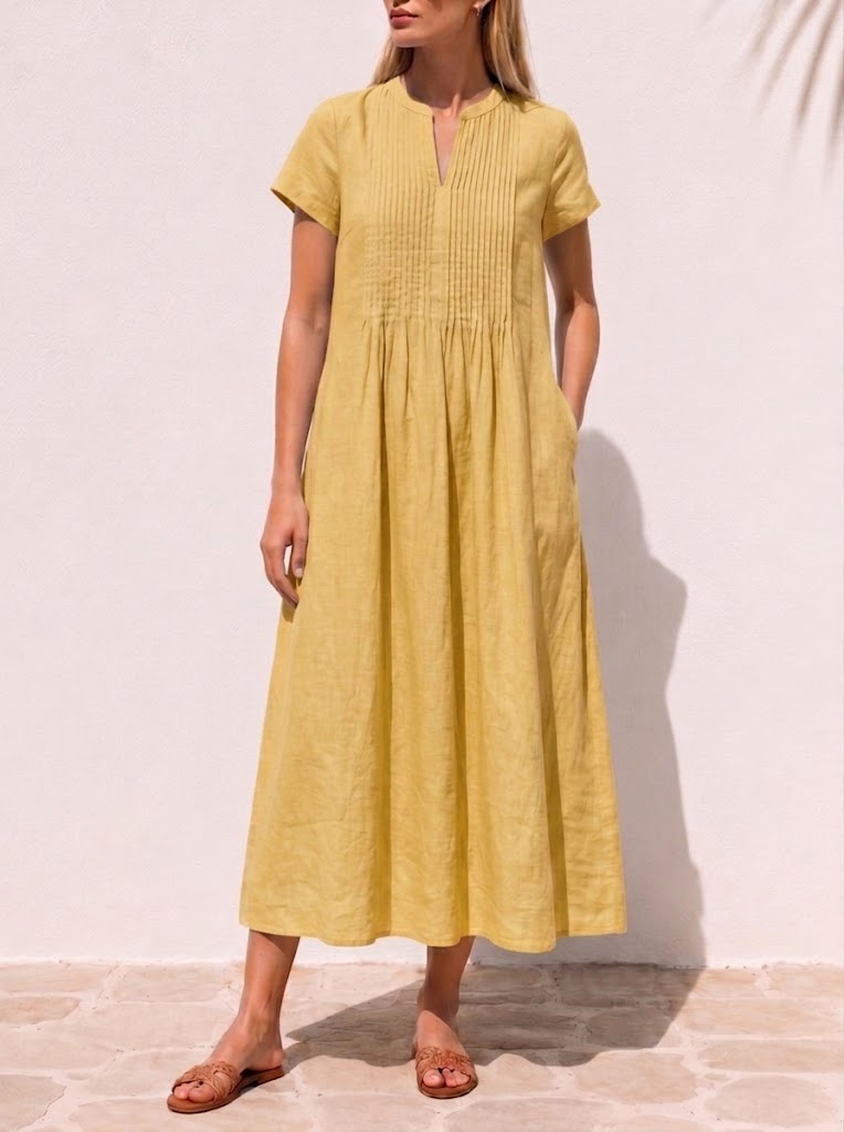 Casual Pleated Linen And Cotton Short-sleeve Dress