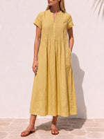 Casual Pleated Linen And Cotton Short-sleeve Dress