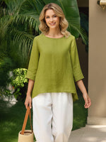 Linen Round Neck Asymmetrical Hem Top Green / S