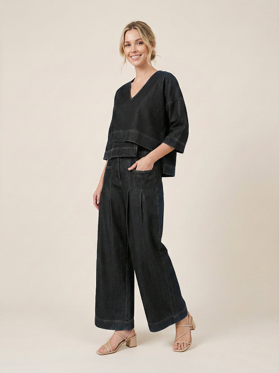 Women's Relaxed V-Neck Cotton-Linen Co-ord Set