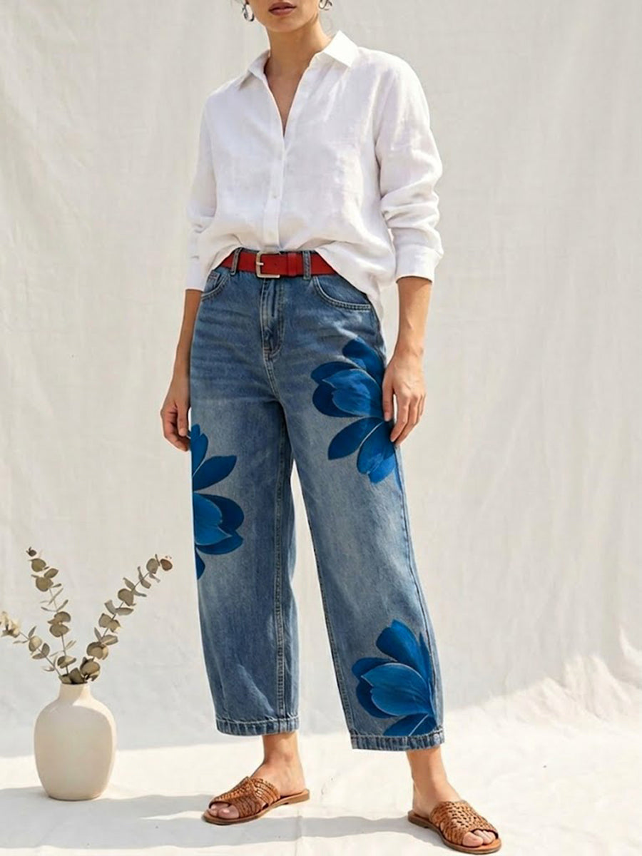 Women's Vintage Wash Red Floral Embroidered Denim Pants