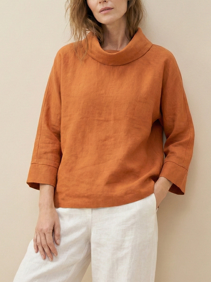 Linen Dropped Collar Long-Sleeve Top