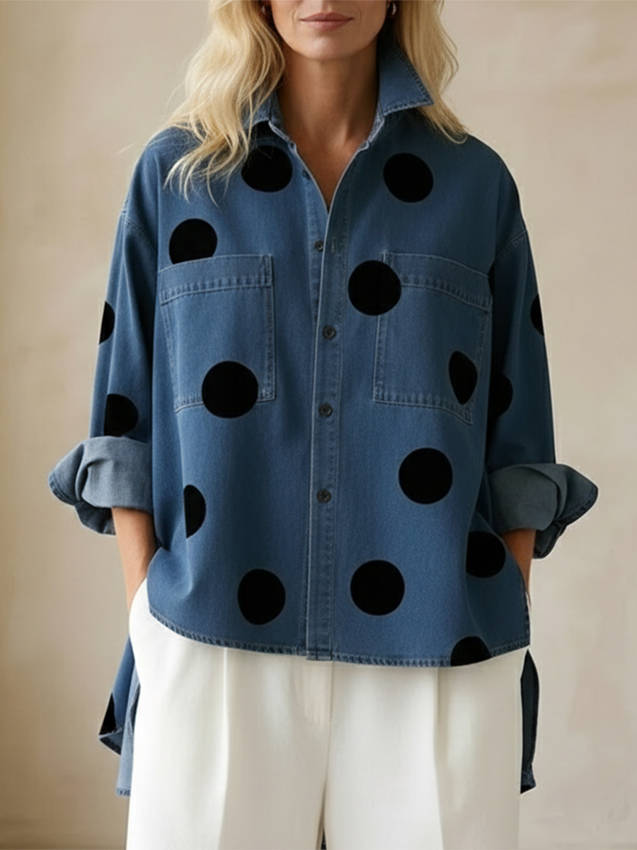 Womens Elegant Artistic Polka Dot Print Stand-collar Denim Top