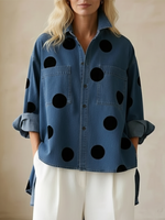 Womens Elegant Artistic Polka Dot Print Stand-collar Denim Top