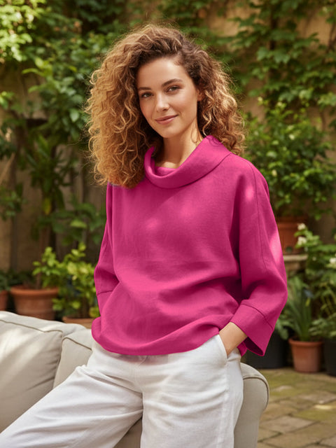 Linen Dropped Collar Long-Sleeve Top Purple / S
