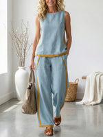 Women's Round Neck Sleeveless Casual Loose Top And High-waisted Loose Wide-leg Pants Cotton And Linen Set