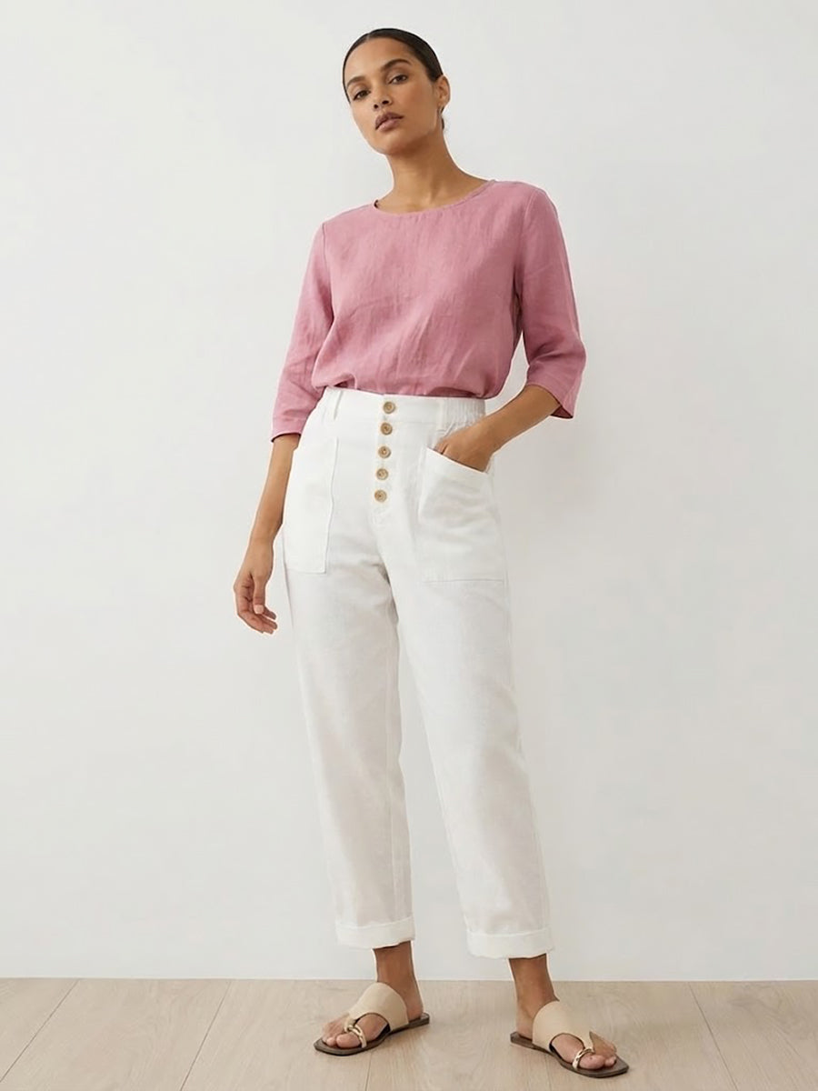 Women's Linen Simple Button Fly Trousers