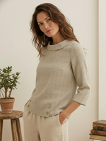 Women's Linen Gingham Checked Round Soft-Fold Collar Top