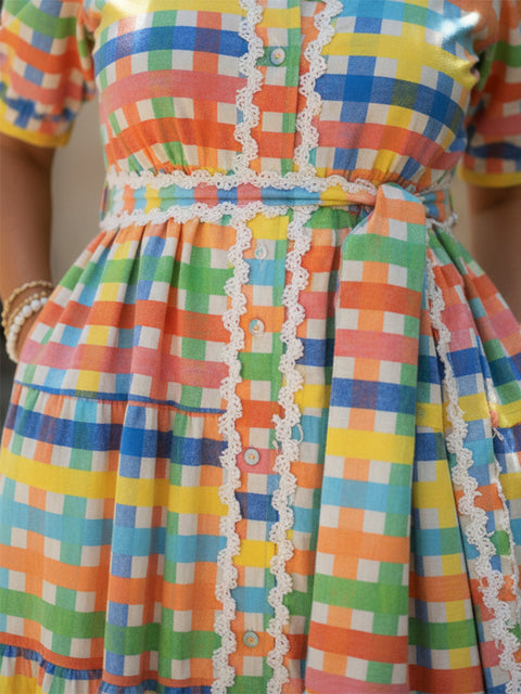 Colorful Square Art Print Collared Shirt Dress
