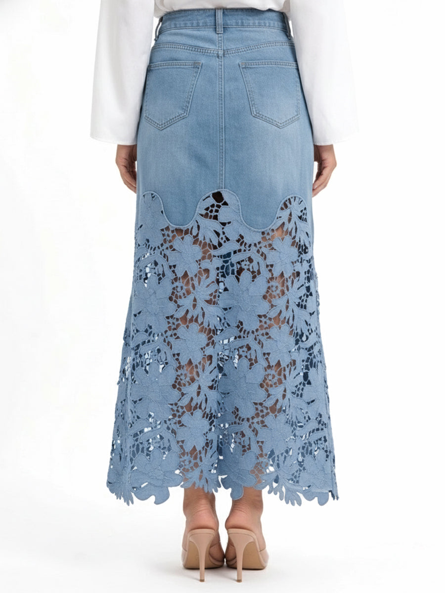 Floral Blue Denim Skirt Spring Lace Skirt for Women