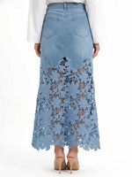 Floral Blue Denim Skirt Spring Lace Skirt for Women