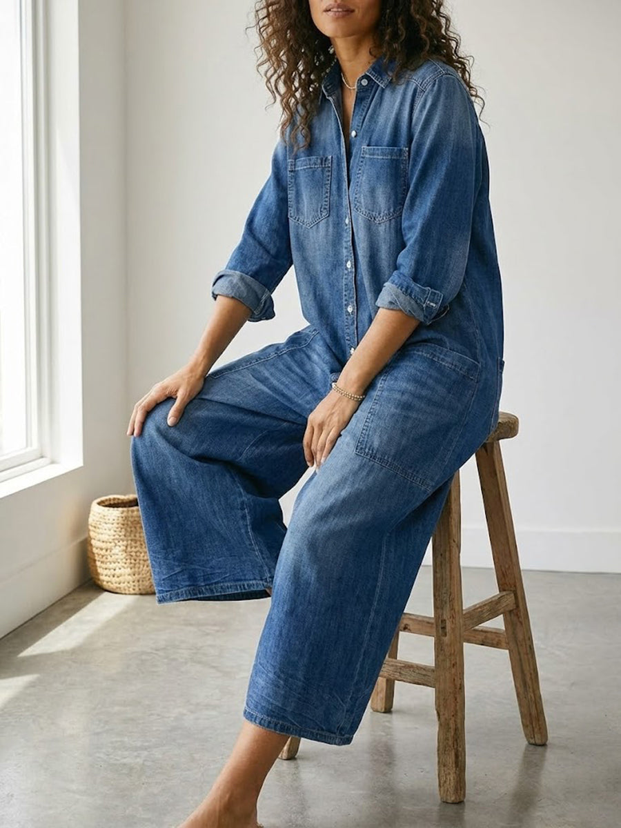 Womens Washed Dark Denim Pocket Button Down Jumpsuit