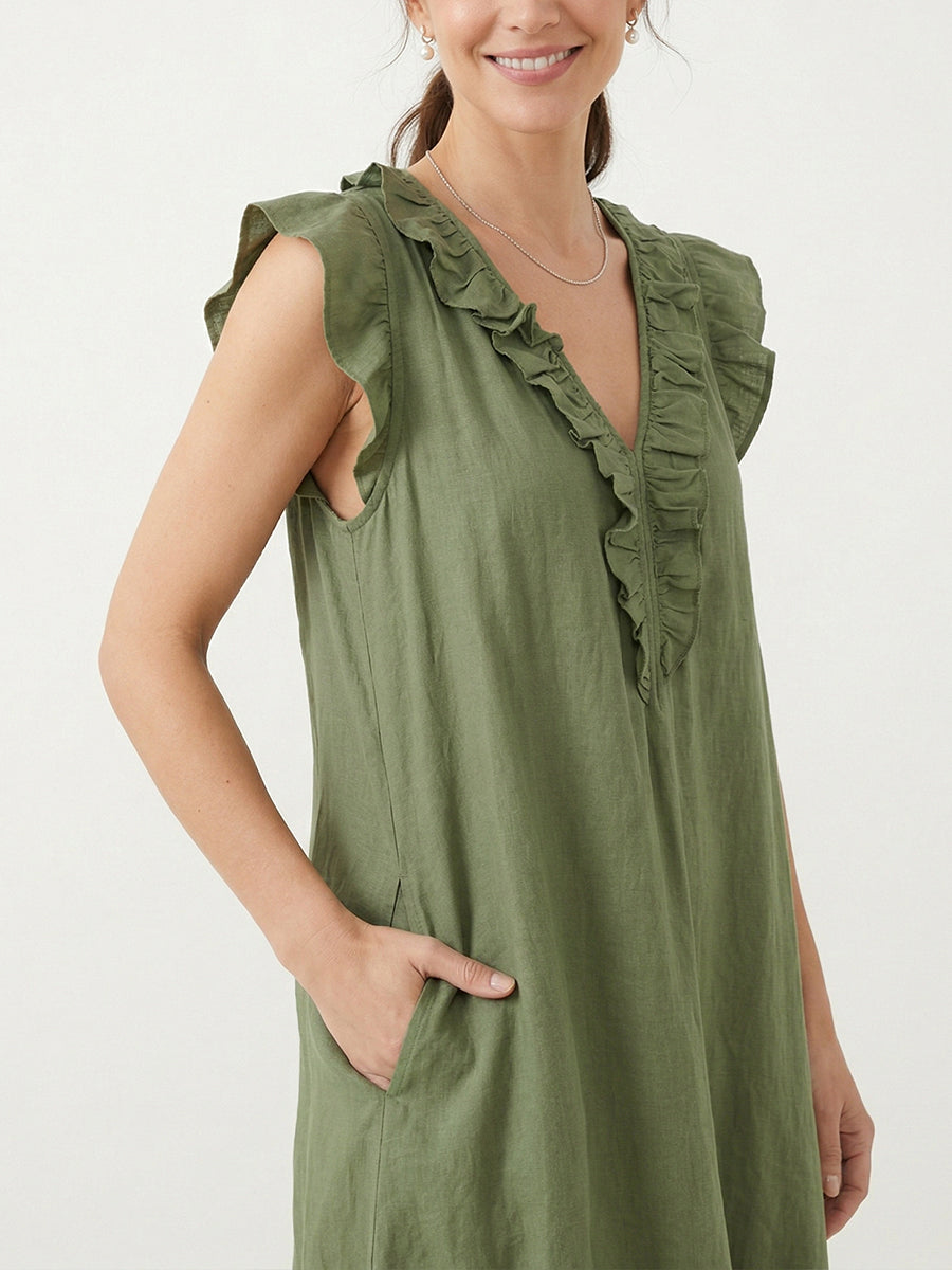 Women's Solid Color Ruffled Art Casual Fashion Cozy Cotton Linen Dress