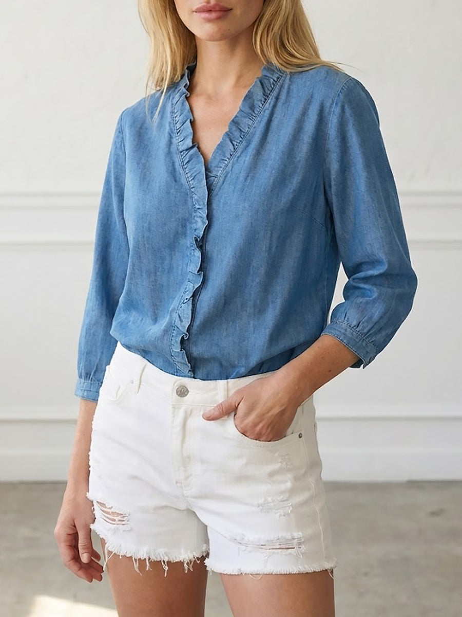 Women's tops Casual Denim V-Neck Ruffled Shirt