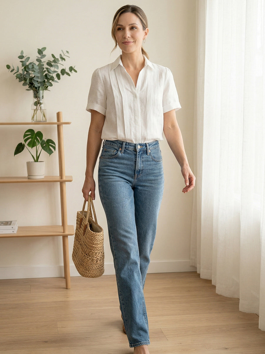 Women's Lapel Short-sleeved Casual Loose Pleated Cotton And Linen Shirt