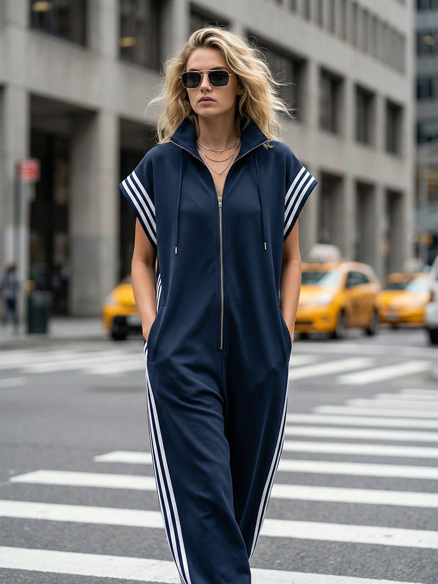 Women's Stand Collar Short Sleeve Cotton Wide-Leg Jumpsuit – Casual Loose Fit