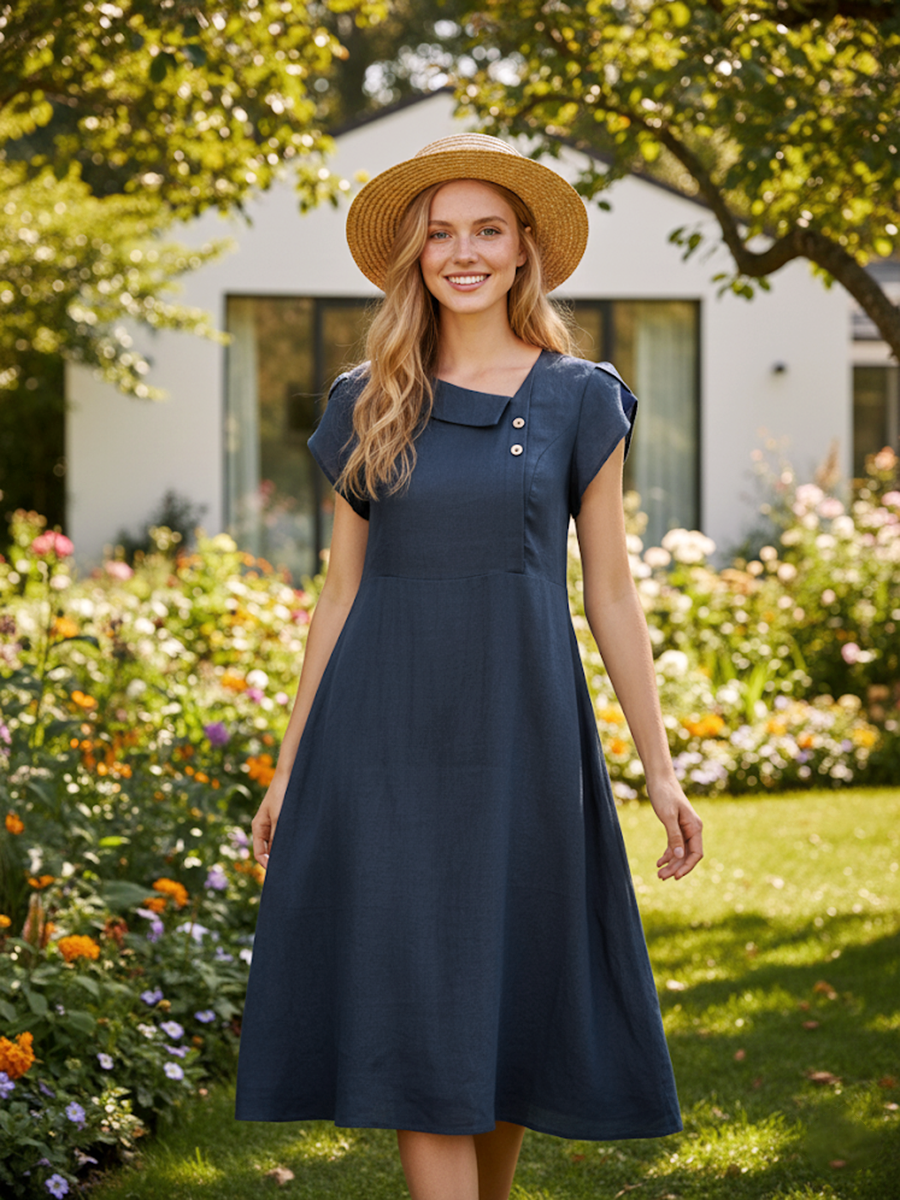 Linen Crescent Collar Flutter Sleeve Midi Dress