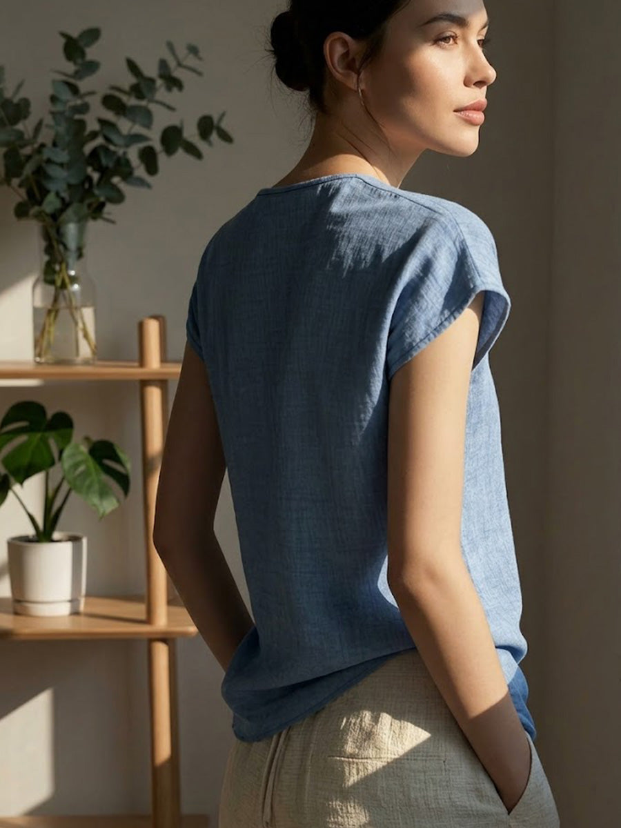 Elegant Bohemian Summer Vintage Lace V-neck Cotton-linen Blend Shirt