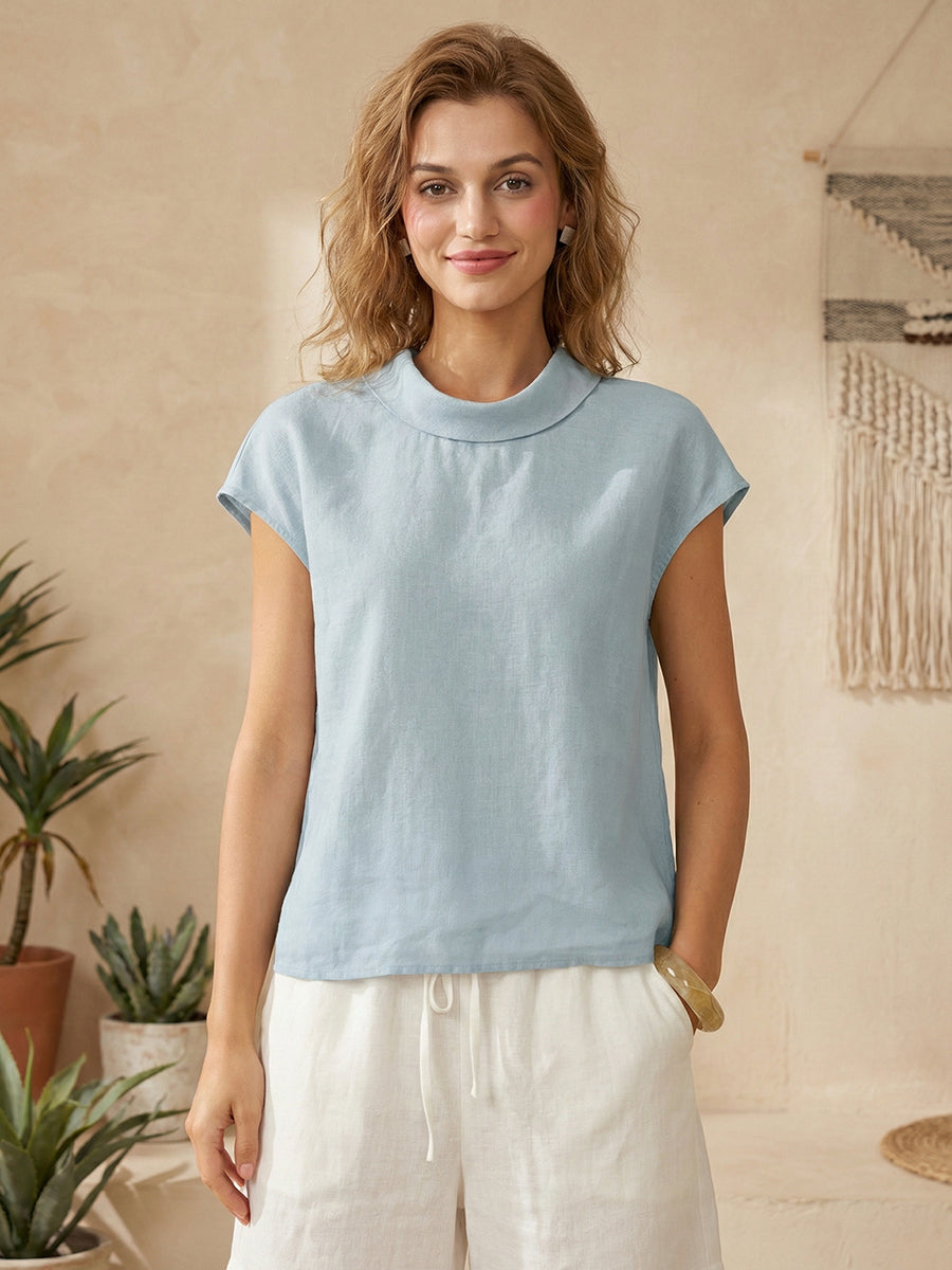 Linen Cap Sleeve Soft-Fold Collar Top