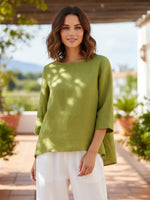 Linen Round Neck Asymmetrical Hem Top