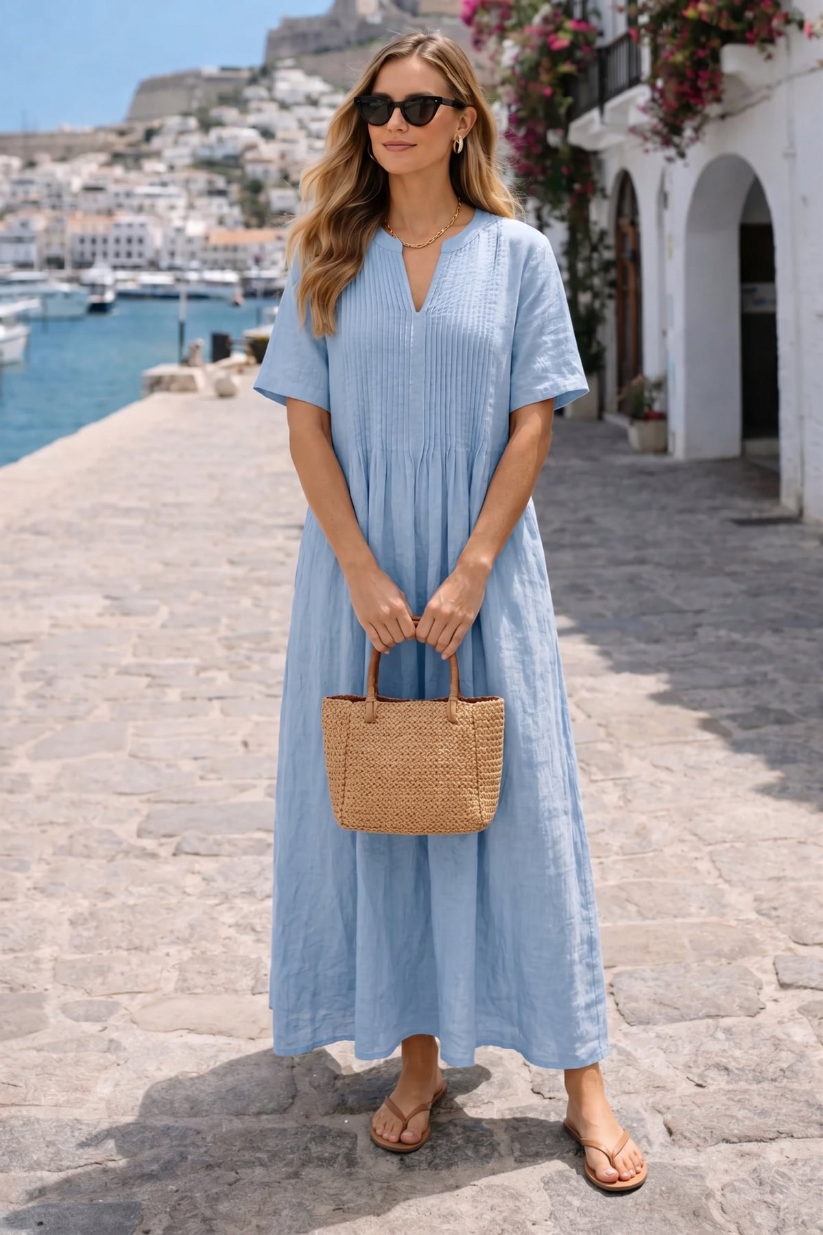 Casual Pleated Linen And Cotton Short-sleeve Dress