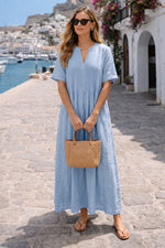 Casual Pleated Linen And Cotton Short-sleeve Dress