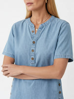 Women's Loose Denim Top - V Neck Short Sleeve Casual Button Up Cotton Blouse
