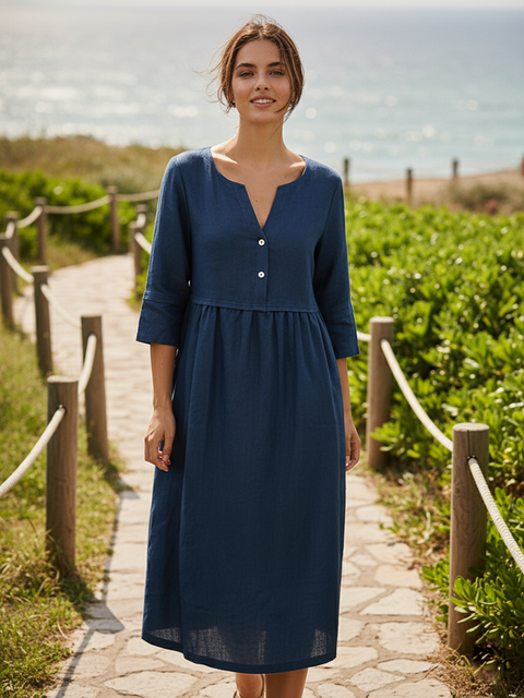 Linen Loose Fit Button Waist Gathered Maxi Dress Blue / S