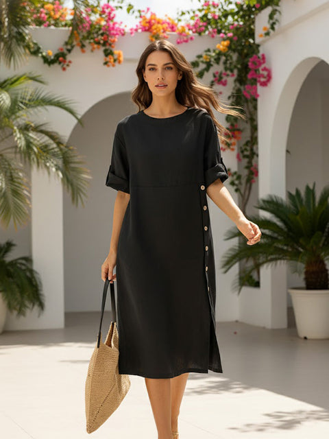 Linen Round Neck Button Detail Midi Dress