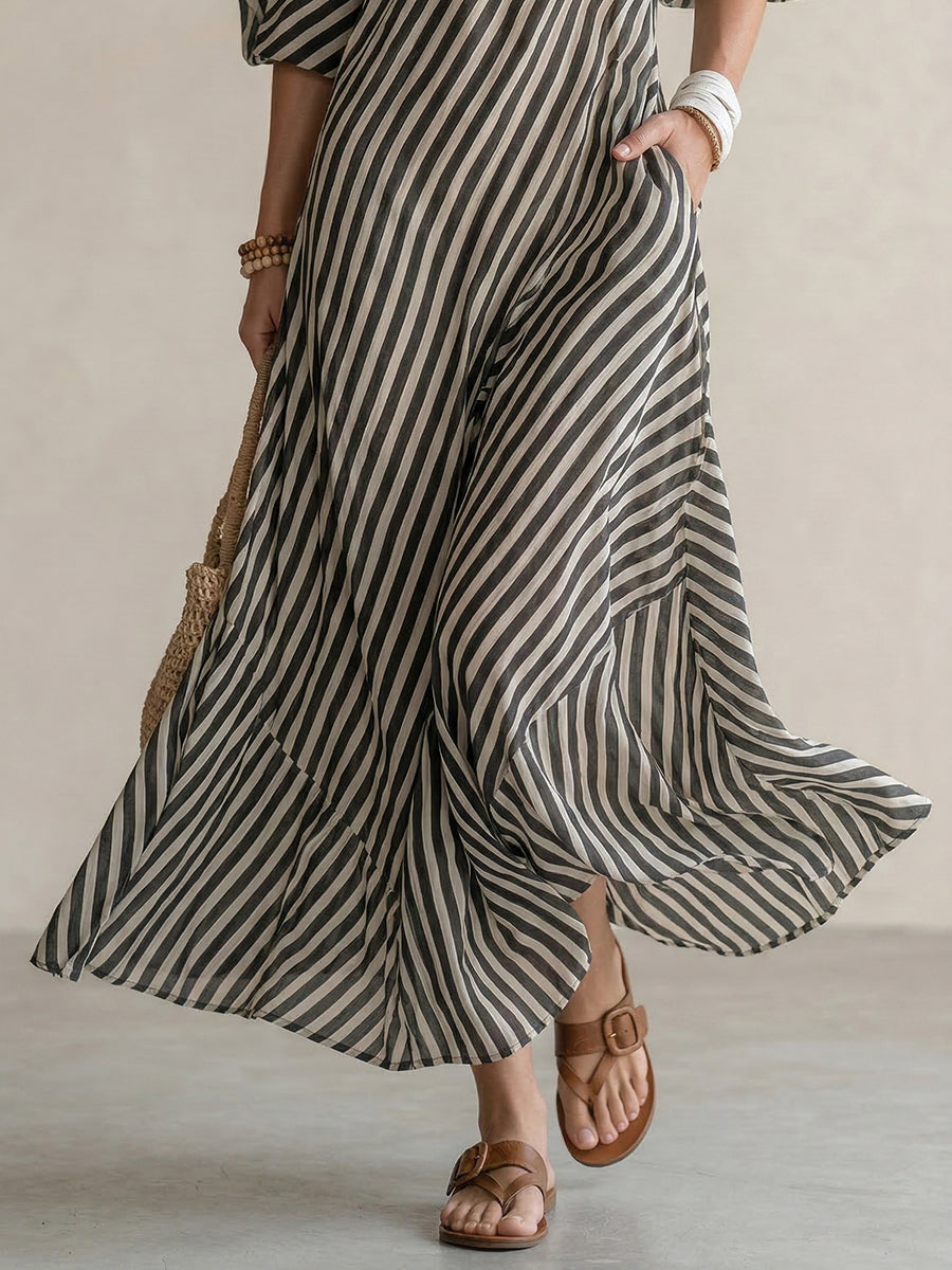 FIORACHIC Women’s Striped Off-Shoulder Maxi Dress – Elegant Summer Vacation Dress