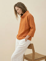Linen Dropped Collar Long-Sleeve Top