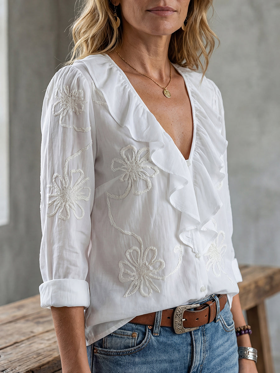 Womens Vintage ruffled V-neck shirt with embroidered flowers