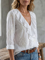 Womens Vintage ruffled V-neck shirt with embroidered flowers