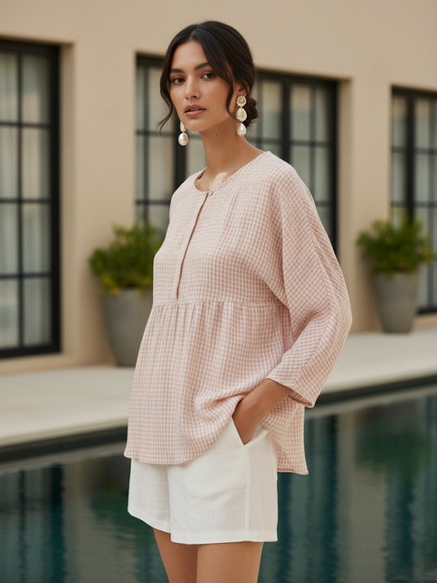 Linen Checked Long-Sleeved Top Pink / S