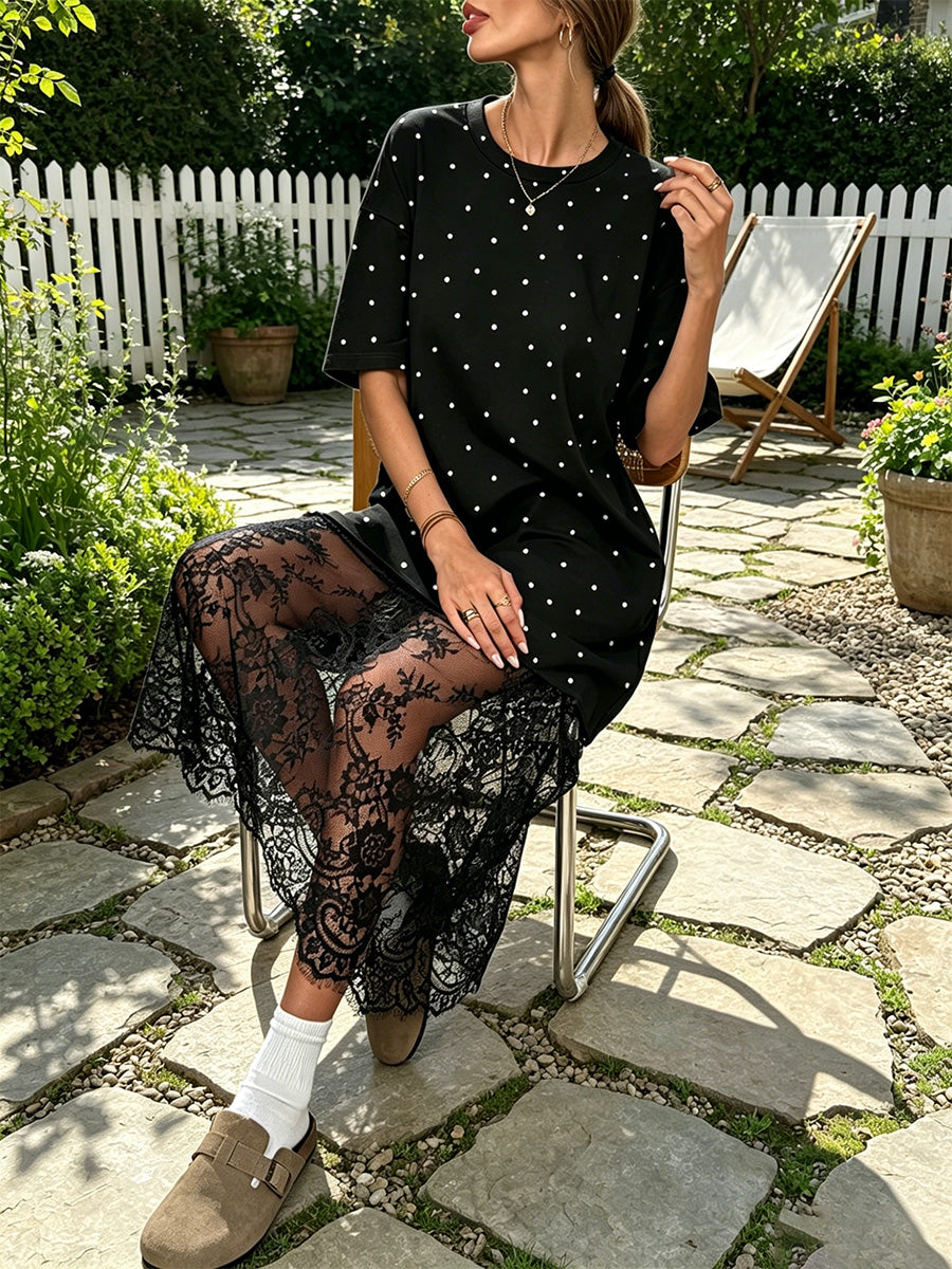 Round-neck, Polka-dot, Short-sleeve, Loose-fit, Casual Lace Dress