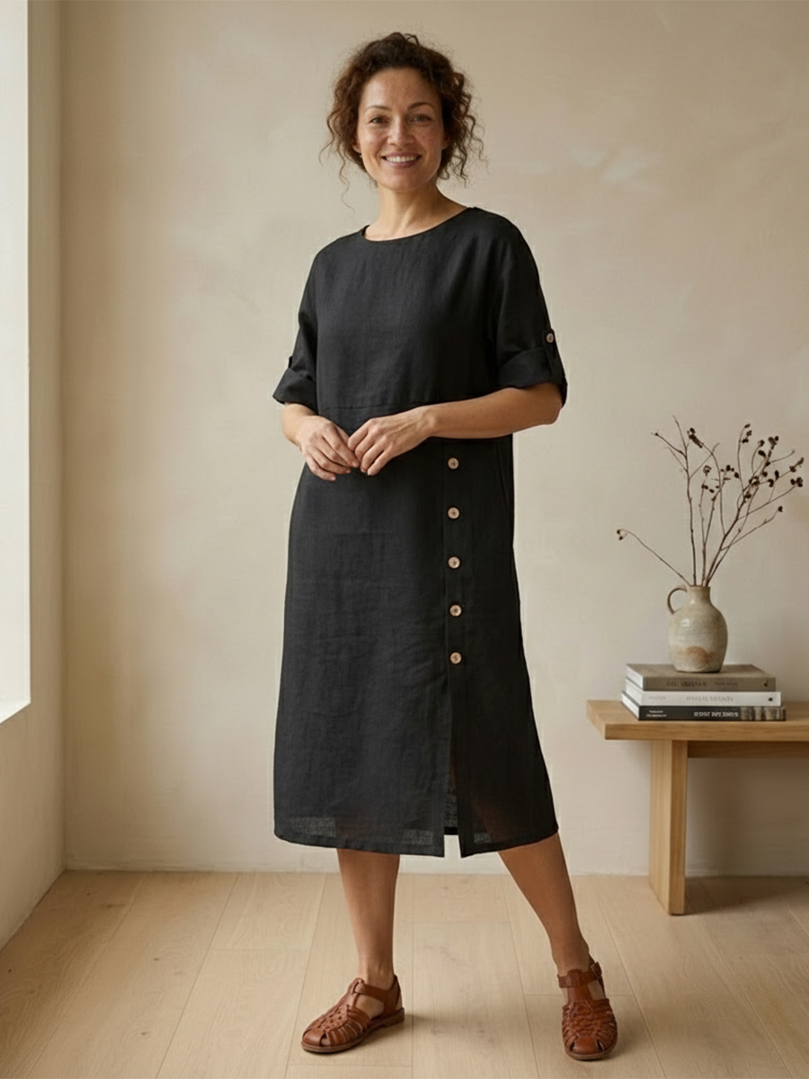 Women's Linen Round Neck Button Detail Midi Dress