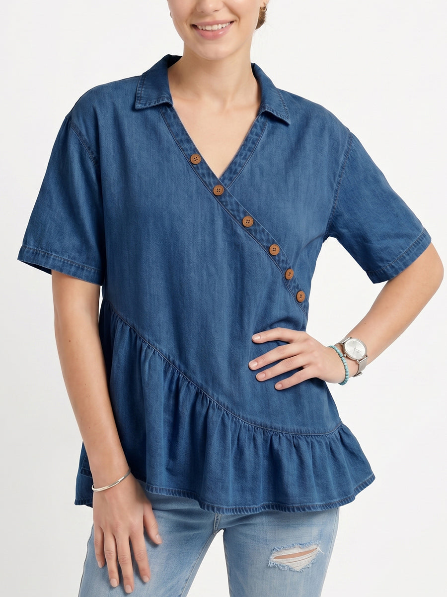 Women's Vintage Casual Ruffles Denim Short Sleeve Shirt