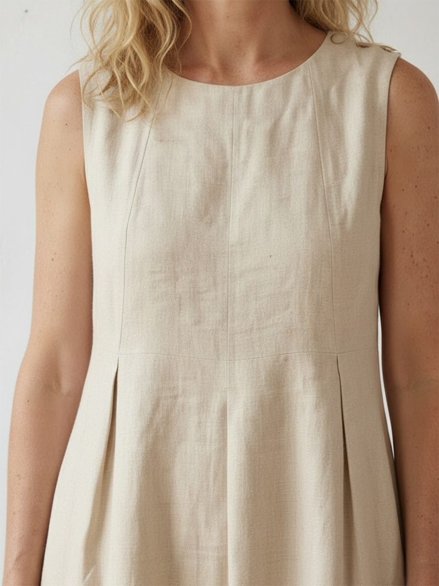 Linen Sleeveless Shoulder Button Midi Dress