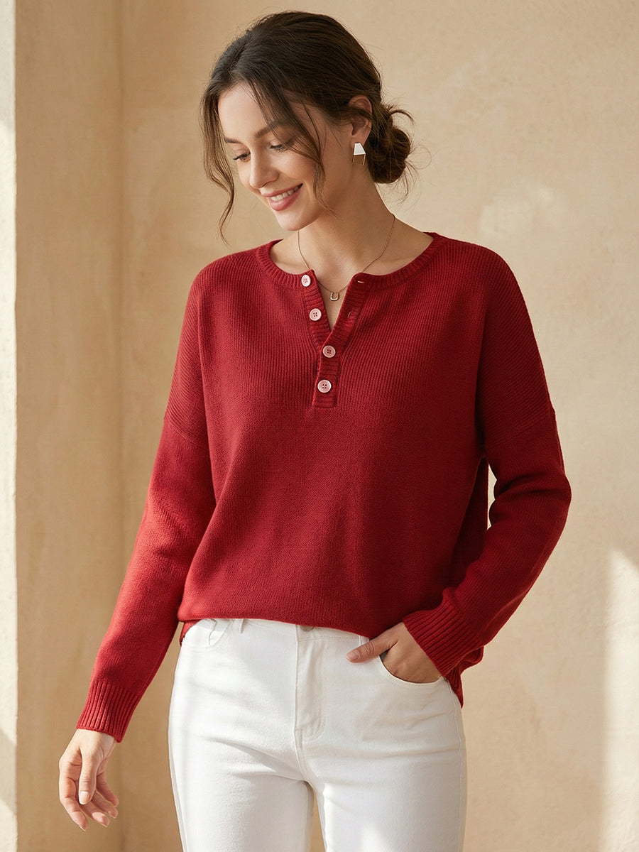 Women's Soft Solid Color Henley CollarSweater Top