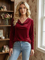 Stylish new women's pure color cowl neck long-sleeved sexy velvet T-shirt