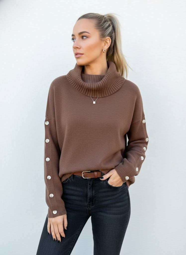 Casual High-Neck Button-Down Knit Sweater