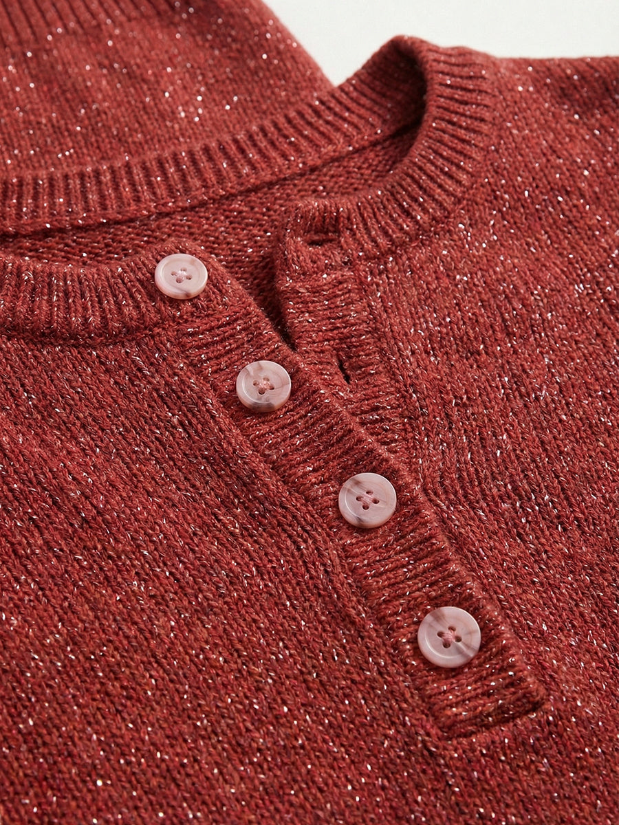 Women's Shiny Henley Neck Solid Color Sweater Top