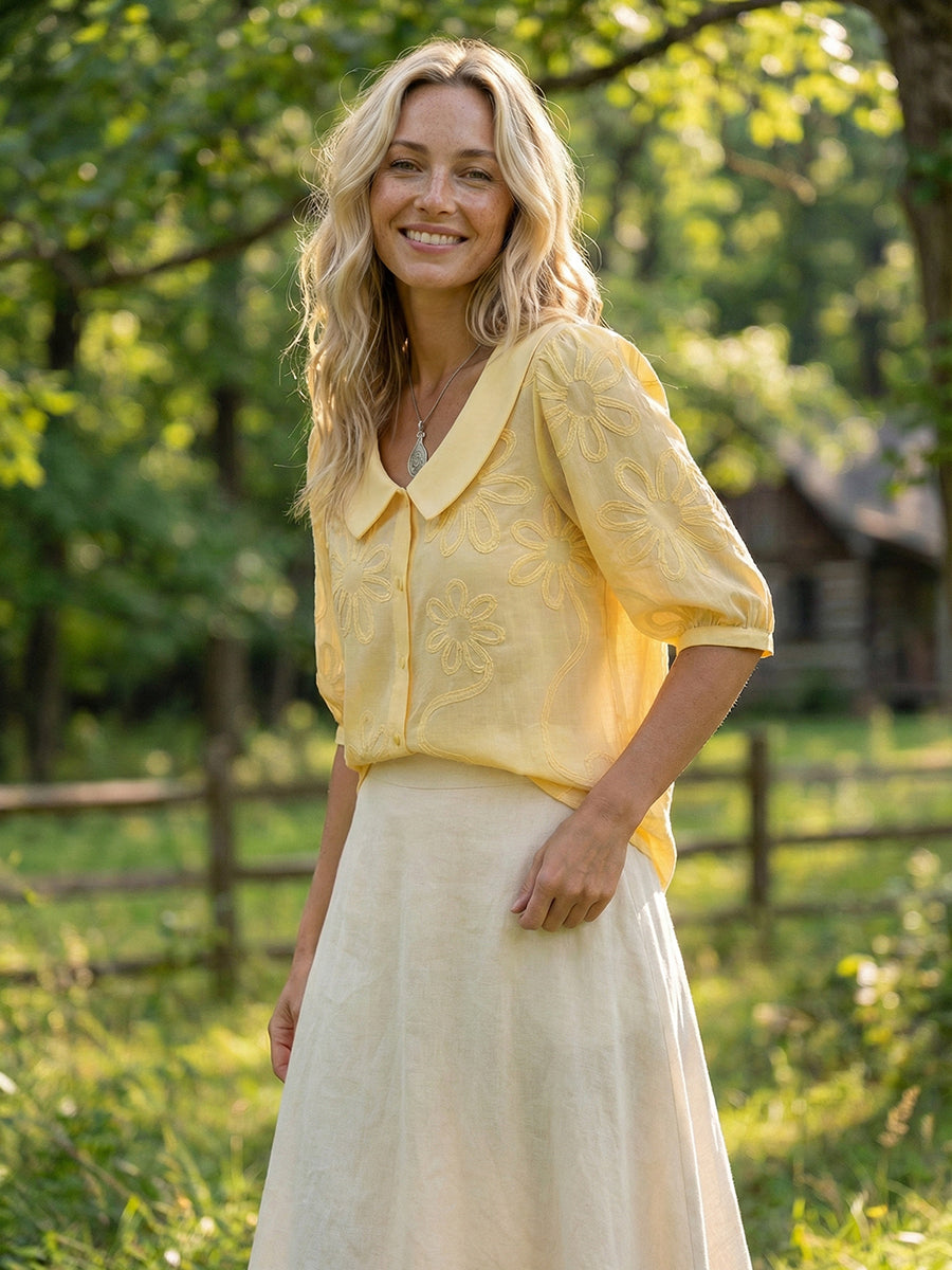 Women’s Vintage Peter Pan Collar Embroidered Floral Shirt