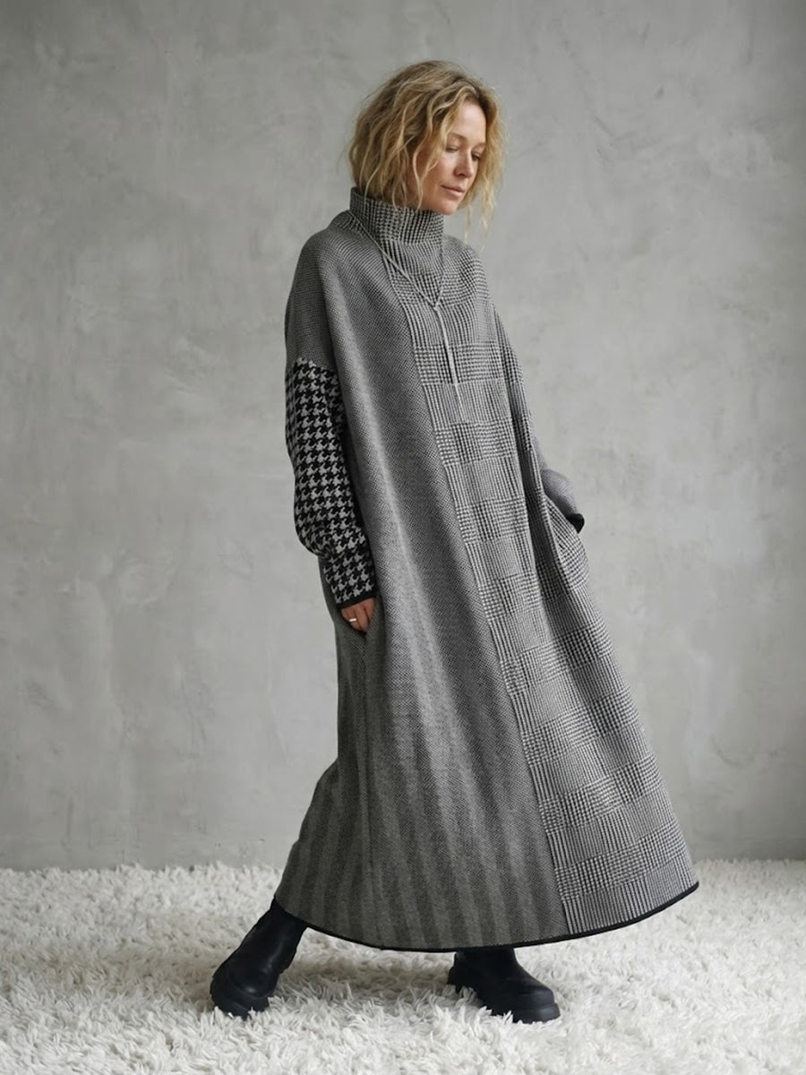 Loose-fit long-line houndstooth knit dress
