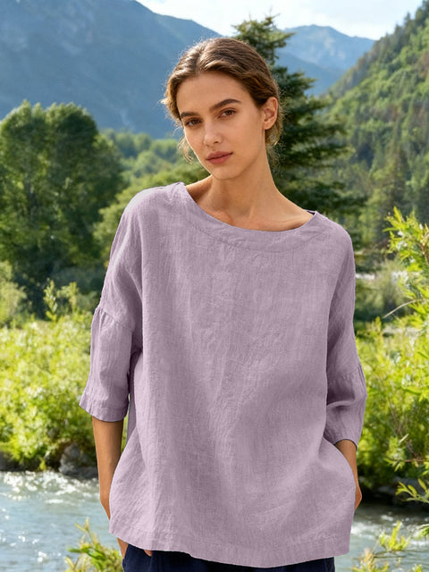 Linen Boatneck 3/4 Length Sleeve Top Purple / S