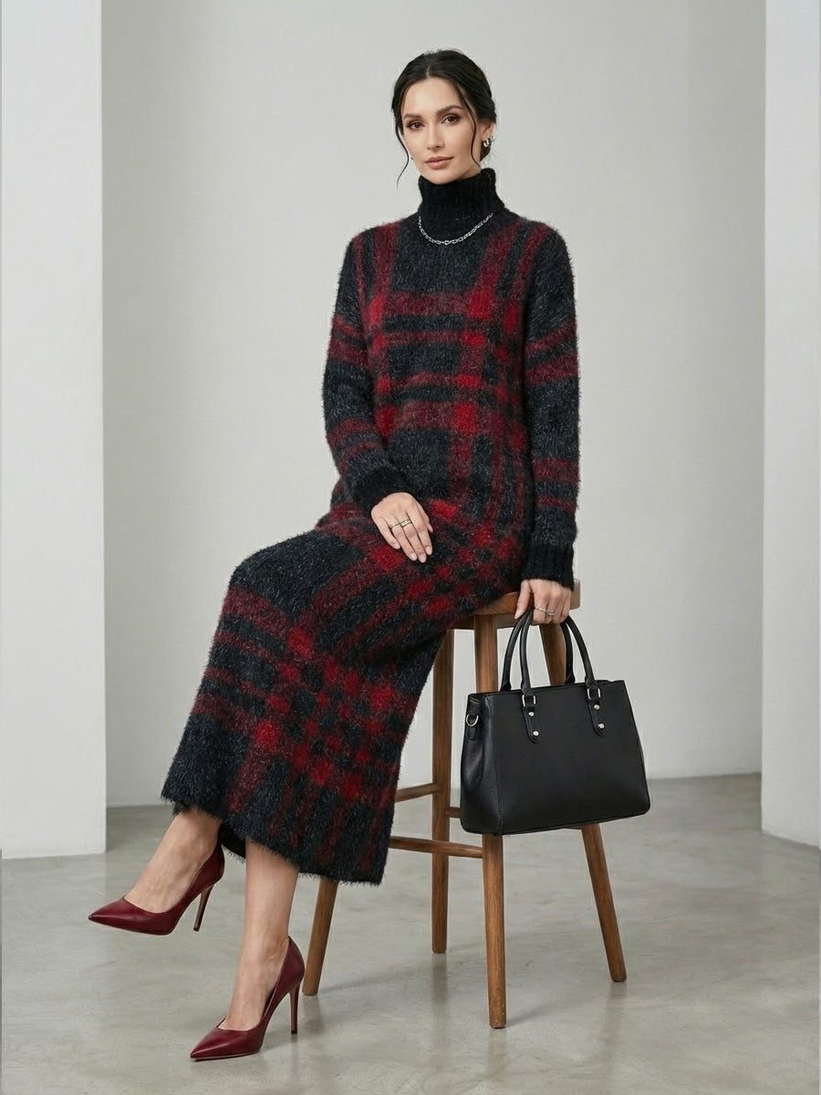 Women’s Loose Red & Black Plaid High-Collar Maxi Dresses