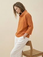 Linen Dropped Collar Long-Sleeve Top